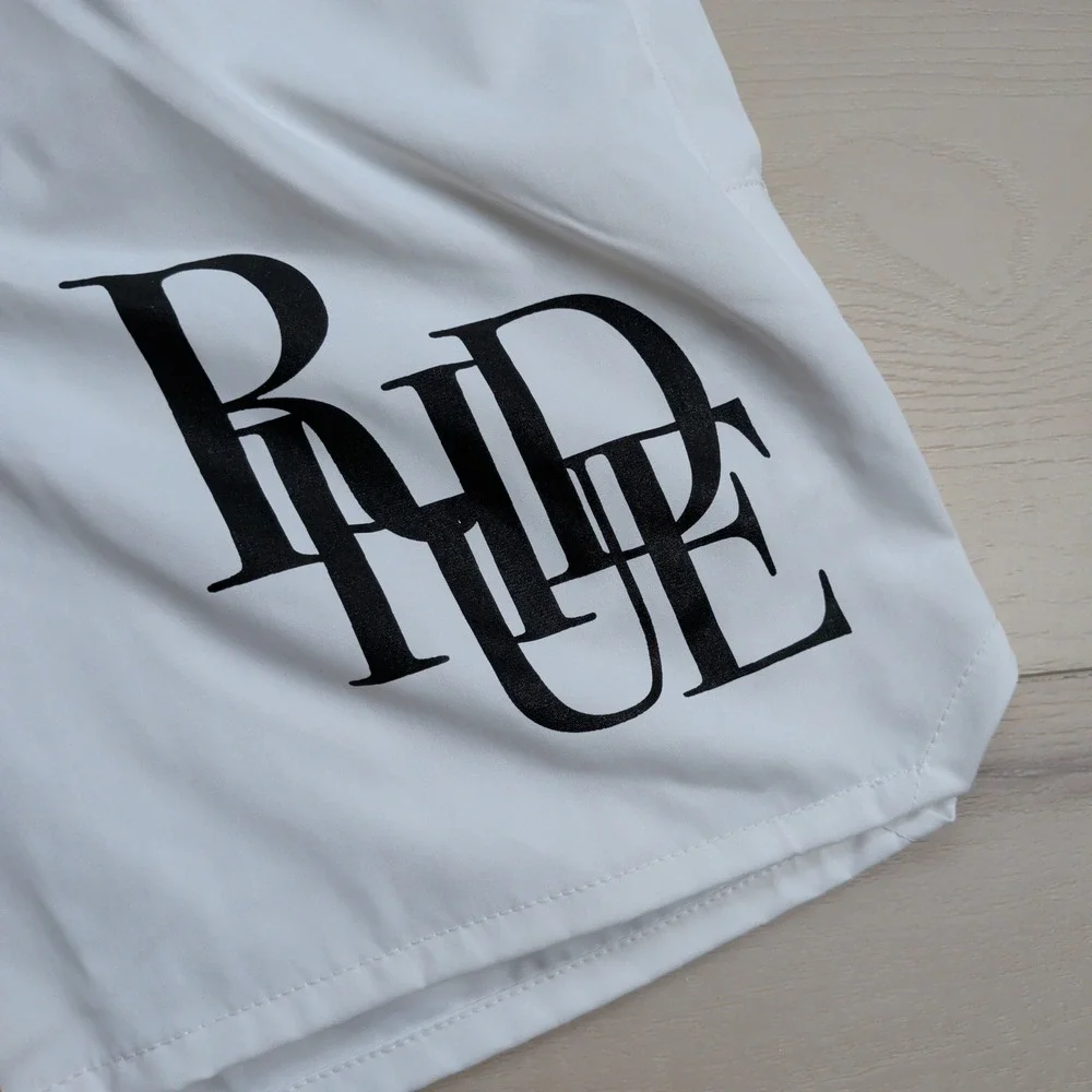Rhude Logo Swim Shorts Trunks Mens Small White Mesh Lined Spell Out Beach Casual